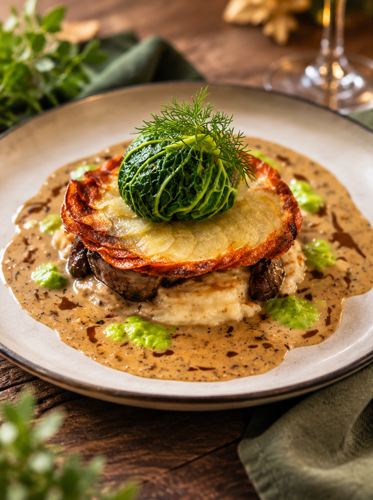 Filet de Charolais en croûte de pommes Maxim's, jeune chou farci et velours de morilles